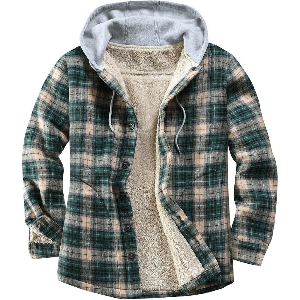 Men's Green Block Cotton Plaid Fleece Lined Flannel Shirts Button Down Jackets